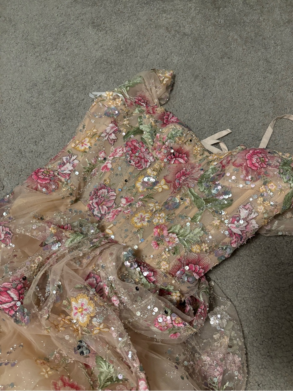 Embroidered Nude Pink Tulle Party Dress for Girls